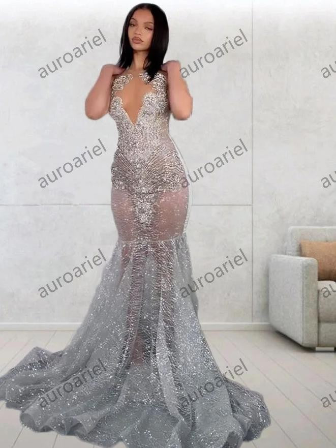 Gold Prom Dresses For Women Sheer Beading Crystal Mermaid Party Gowns