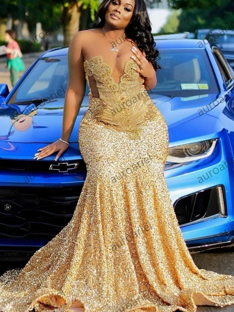 Gold Sequins Mermaid Prom Dress For Black Girls Crystal Rhinestone Beaded Party Gala Gown