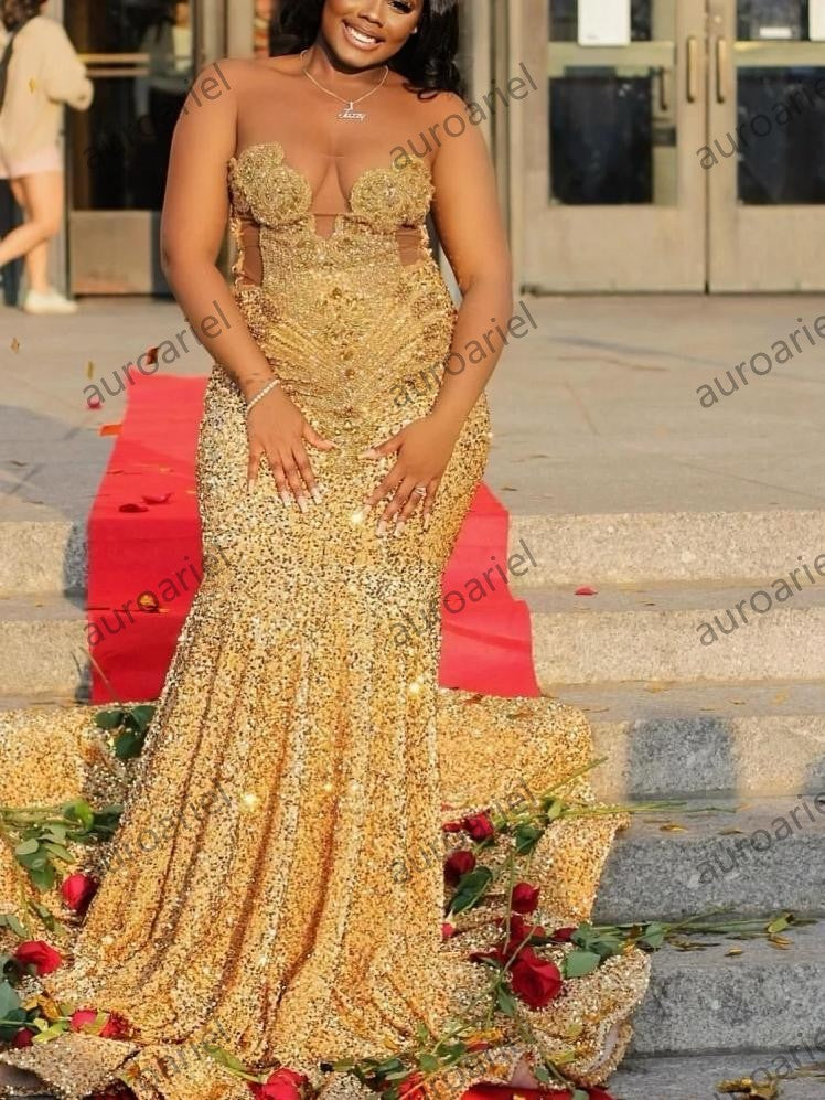 Gold Sequins Mermaid Prom Dress For Black Girls Crystal Rhinestone Beaded Party Gala Gown