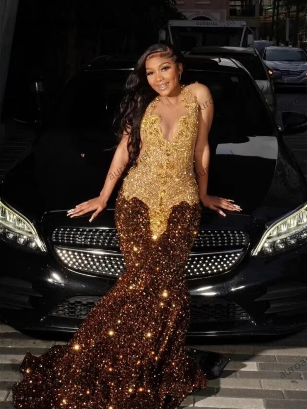 Chocolate Brown Sequin Gold Crystal Beading Prom Dresses Mermaid Elegant Dress