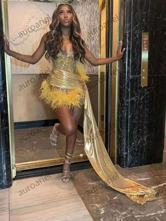 Gold Short Prom Dress For Black Girl Bead Crystal Birthday Party Gown Feather