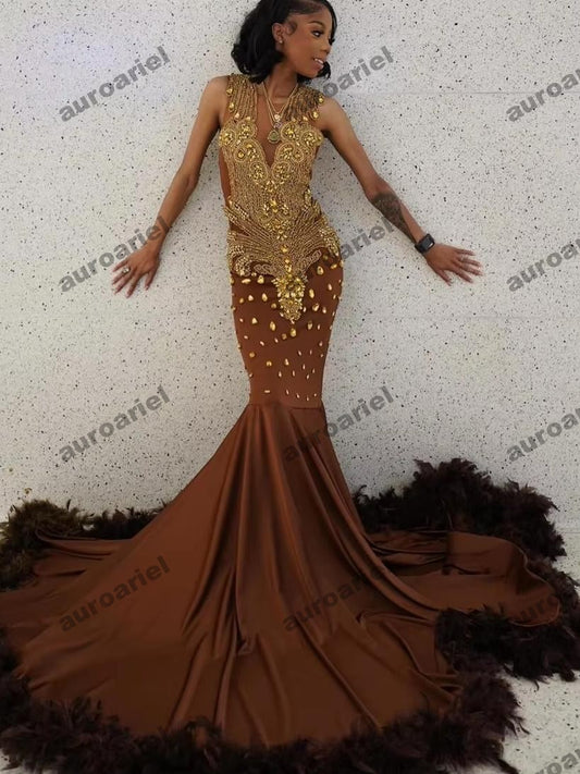 Chocolate Brown Fearhers Gold Rhinestones Prom Dresses