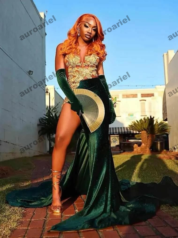 Emerald Green Velvet Prom Dress For Black Girls Gold Crystal Rhinestone