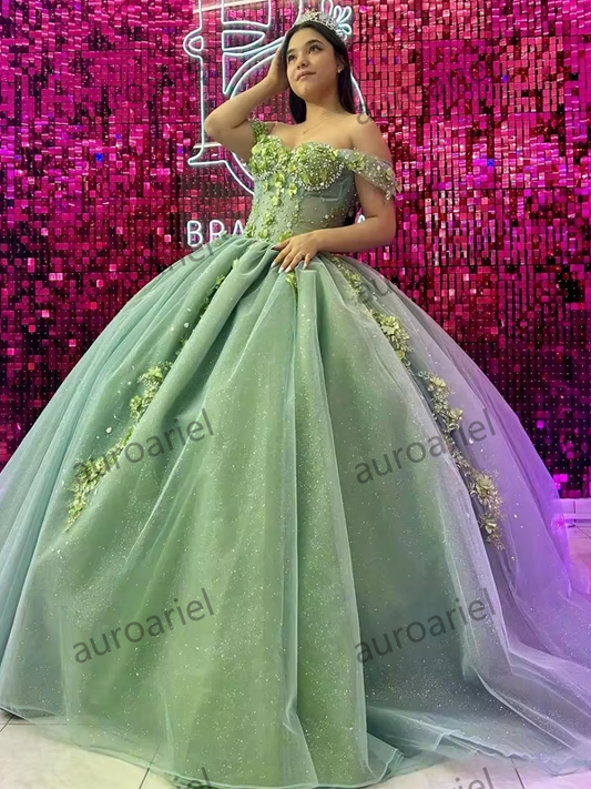 Mint Green Quinceanera Dresses Off Shoulder Applique Beads Crystal Corset Ball Gown