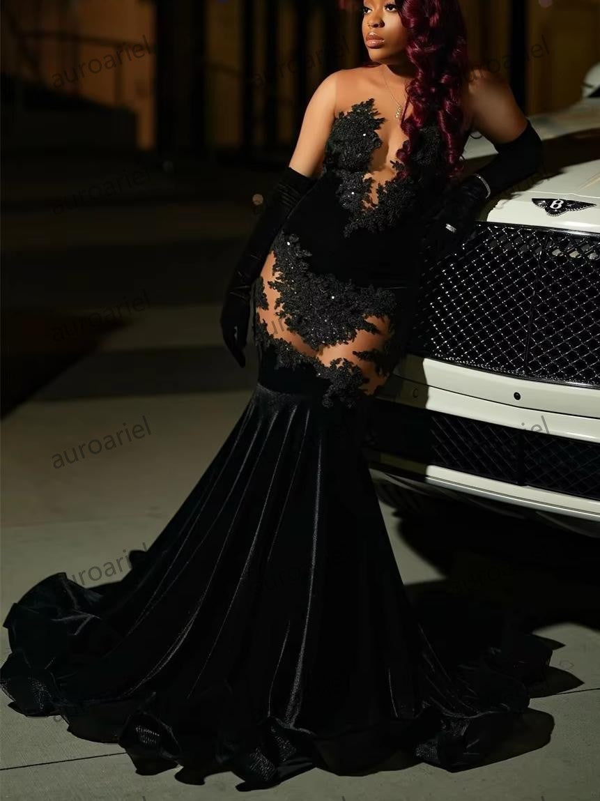 Black Velvet Beaded Lace Appliques Prom Dress With Gloves Mermaid