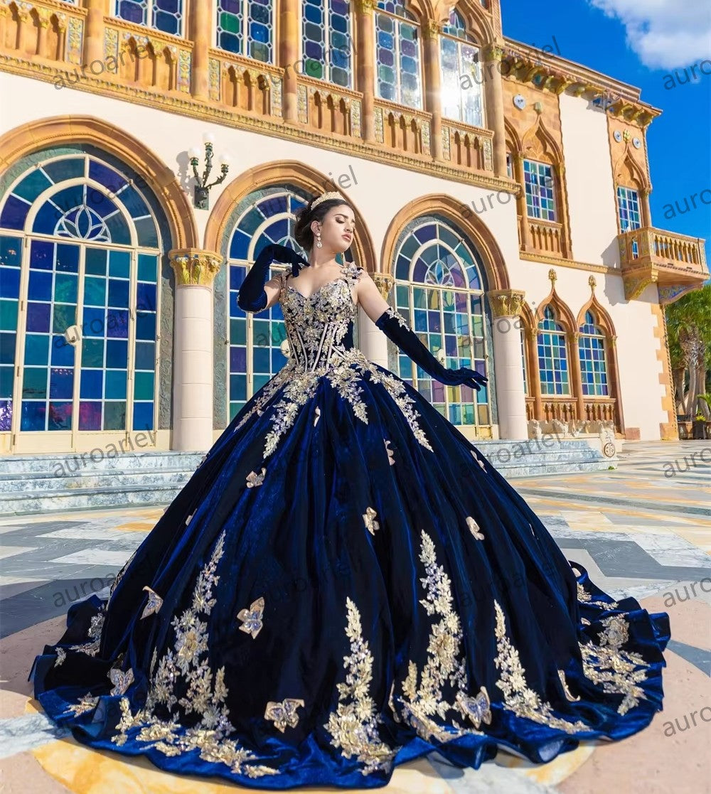 Off The Shoulder Royal Blue Velvet Quinceanera Dress Ball Gown 18th Birthday