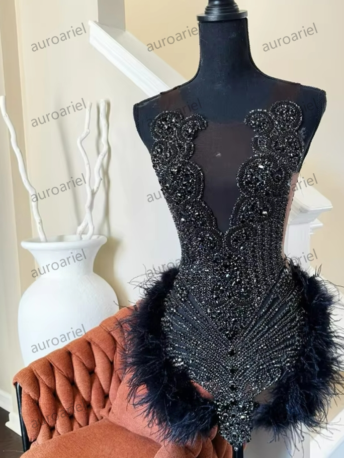 Black Prom Dress For Black Girls Glitter Bead Crystals Rhinestones Feathers Cocktail Party Gown Senior Homecoming