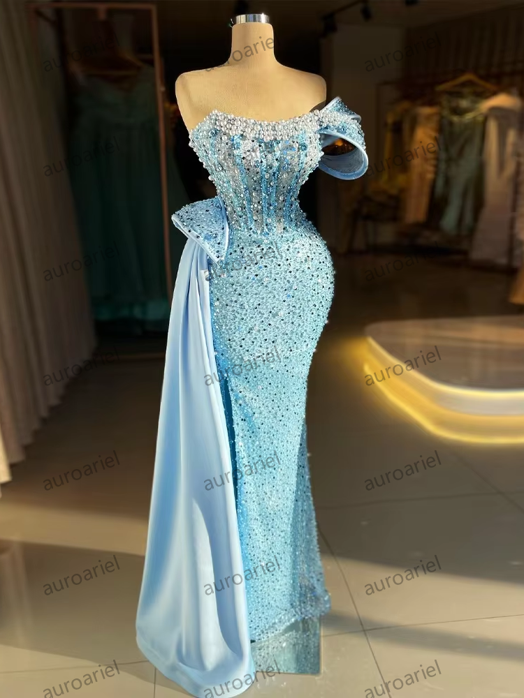 Sparkly Beaded Mermaid Prom Evening Dresses with Slit Sequin Strapless Formal Party Gown Cocktail Dress