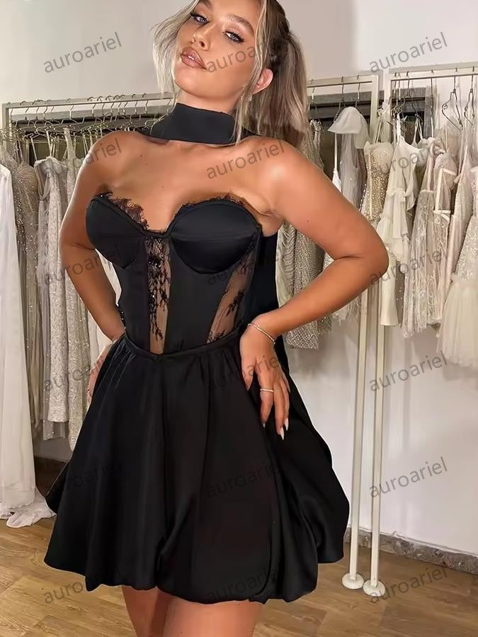 Black A-Line Mini Prom Dresses Sweetheart Satin Lace Homecoming Party Gowns for Women Special Occasion Dresses Outfits