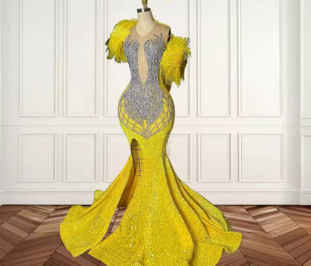 Yellow O N Sequin Long Prom Dresses Bead Crystal 2025 Birthday Luxury Dress Feathers Evening Dresses With High Split Customized