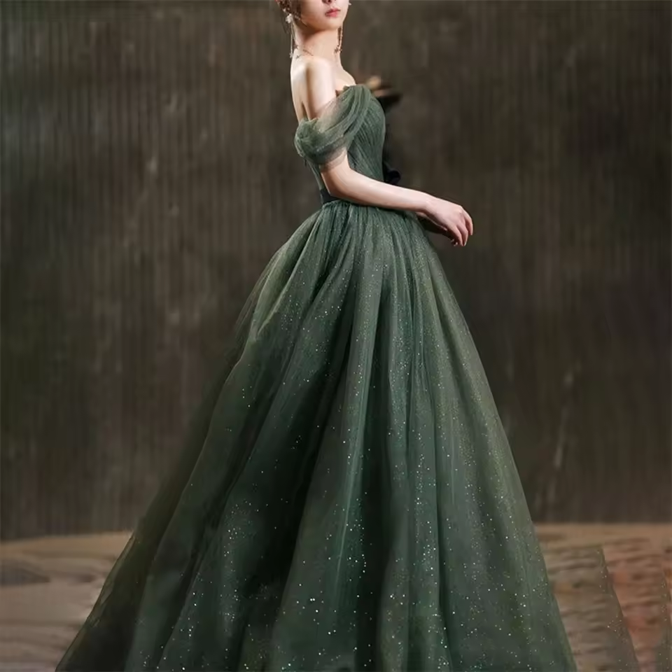 Lily Dark Green Shiny Formal Dresses V Neck Off The Shoulder Party Dress For Wedding A Line Special Occasion Dresses robe soirée