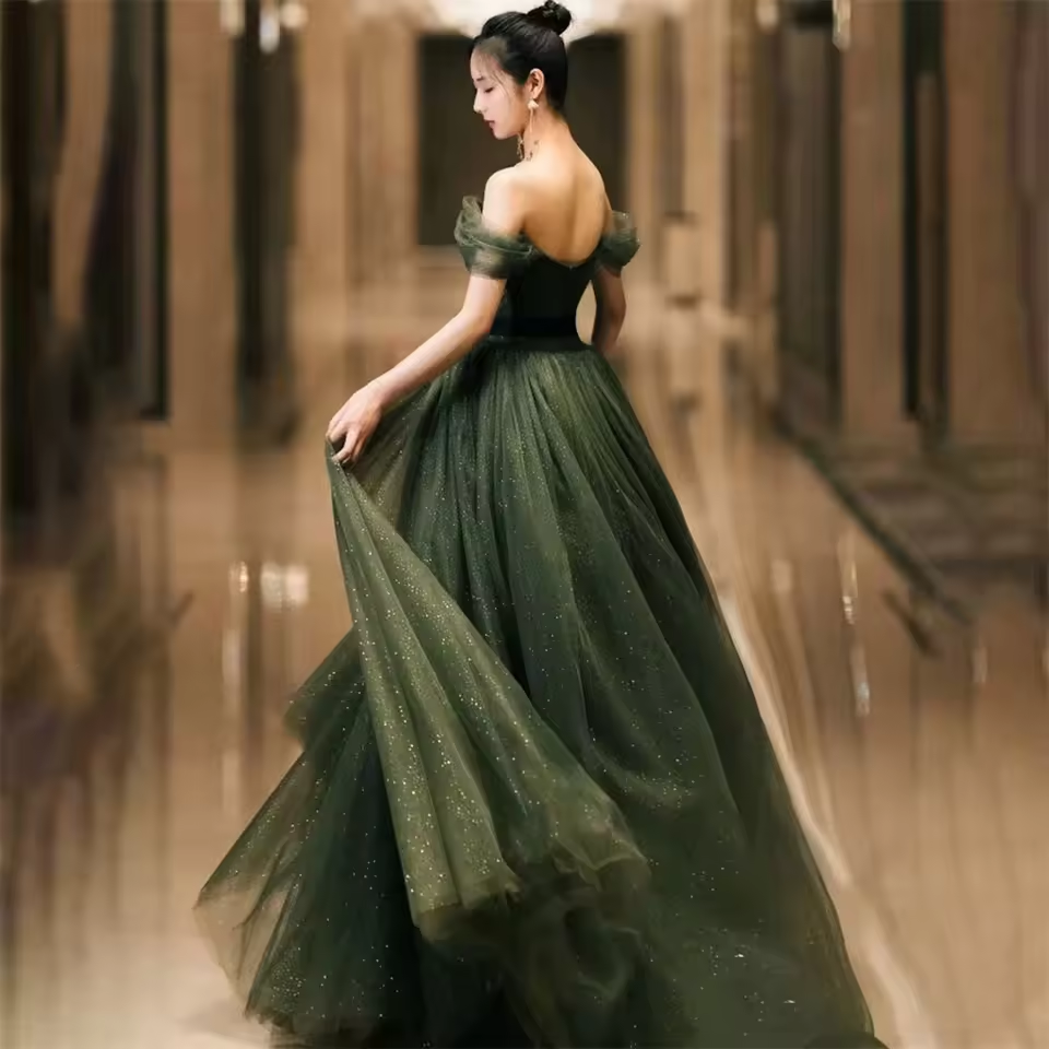 Lily Dark Green Shiny Formal Dresses V Neck Off The Shoulder Party Dress For Wedding A Line Special Occasion Dresses robe soirée