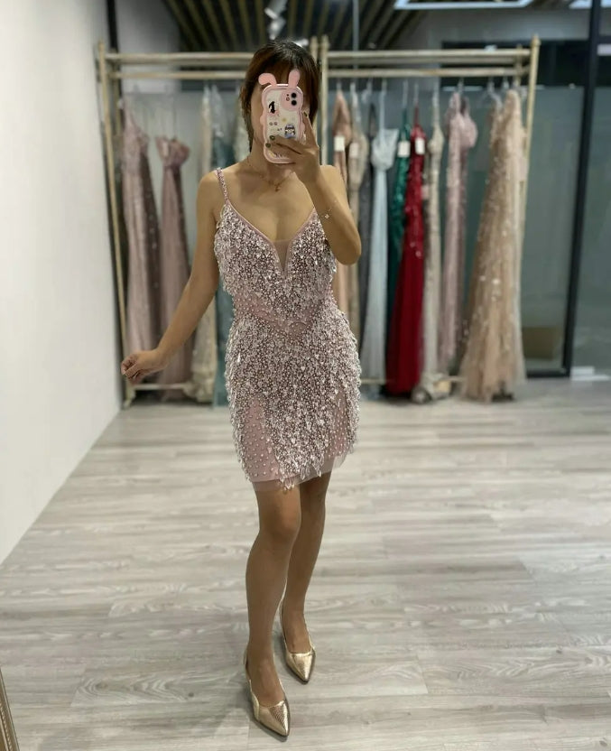 Pink Sexy V Neck Mini Evening Gowns for Women Party Gorgerous Spaghetti Straps Crystal Beaded Design Cocktail Dresses