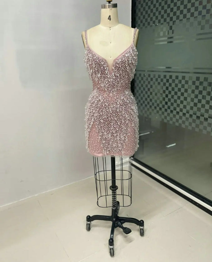 Pink Sexy V Neck Mini Evening Gowns for Women Party Gorgerous Spaghetti Straps Crystal Beaded Design Cocktail Dresses