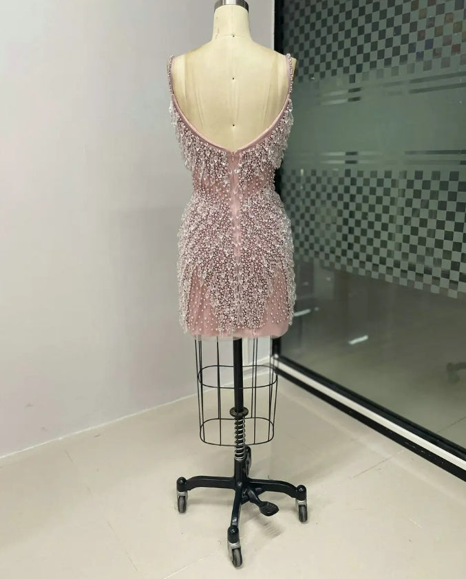 Pink Sexy V Neck Mini Evening Gowns for Women Party Gorgerous Spaghetti Straps Crystal Beaded Design Cocktail Dresses