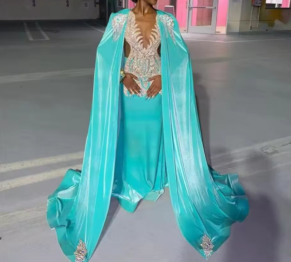 Turquoise Velvet Sliver Crystal Beading Prom Dresses Luxury Party With Cape Mermaid Black Girls Customized