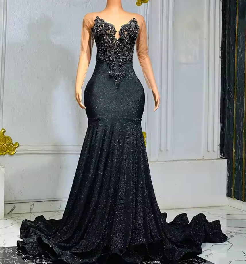 Shiny Black Crystal Beading Birthday Prom Dresses Black Girls Mesh Long Sleeves Mermaid Evening Party Gowns vestidos Customized