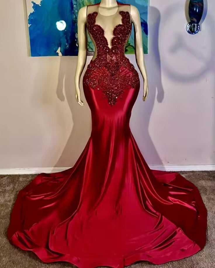 Amazing Red Rhinestones Prom Dresses Blacksirl See Thru Crystal African Birthday Dresses Evening Formal Dress Customized