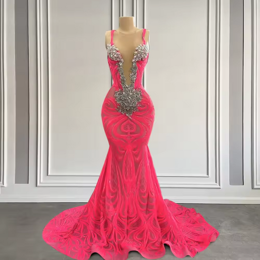 Sweet Pink Lace Long Prom Dresses for Black Girls Silver Diamond Beads African Women Luxury Birthday Paty Gowns Customized