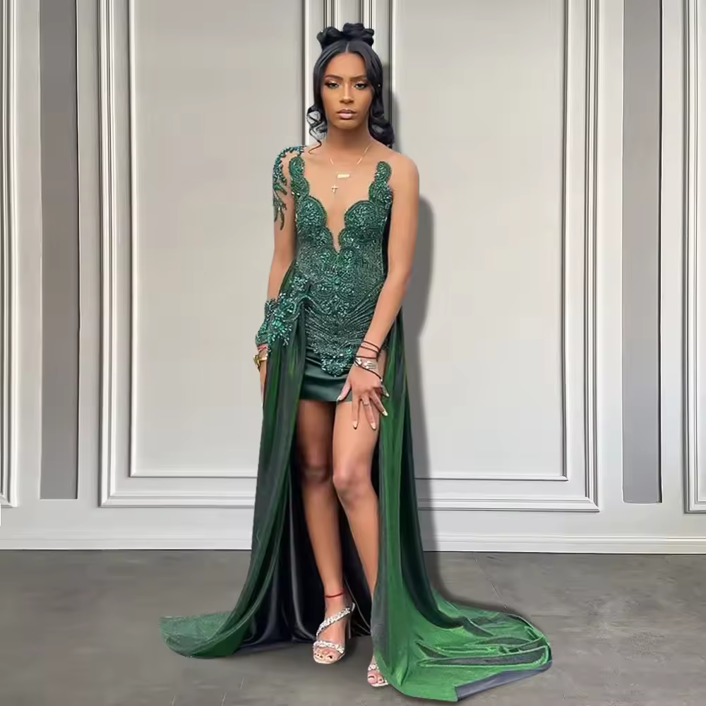 Emerald Green Diamond Short Homecoming Dress For Black Girl Customized Women Luxury Prom Birthday Party Dress with Overskirt
