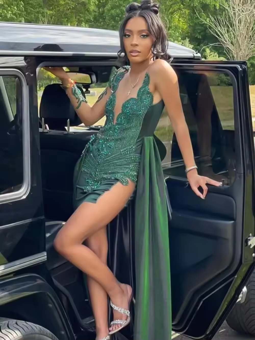 Emerald Green Diamond Short Homecoming Dress For Black Girl Customized Women Luxury Prom Birthday Party Dress with Overskirt