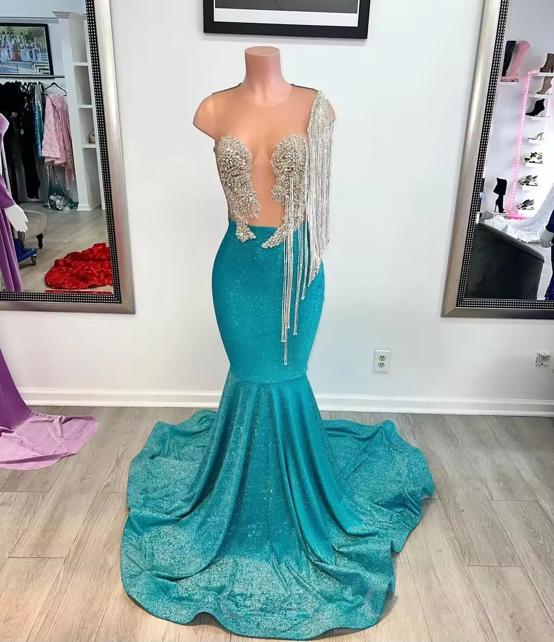 Teal African American Prom Dresses Mermaid Sheer Sequins Beaded Sparke Black Girls Robe De Soiree Evening Dress Gown Customized