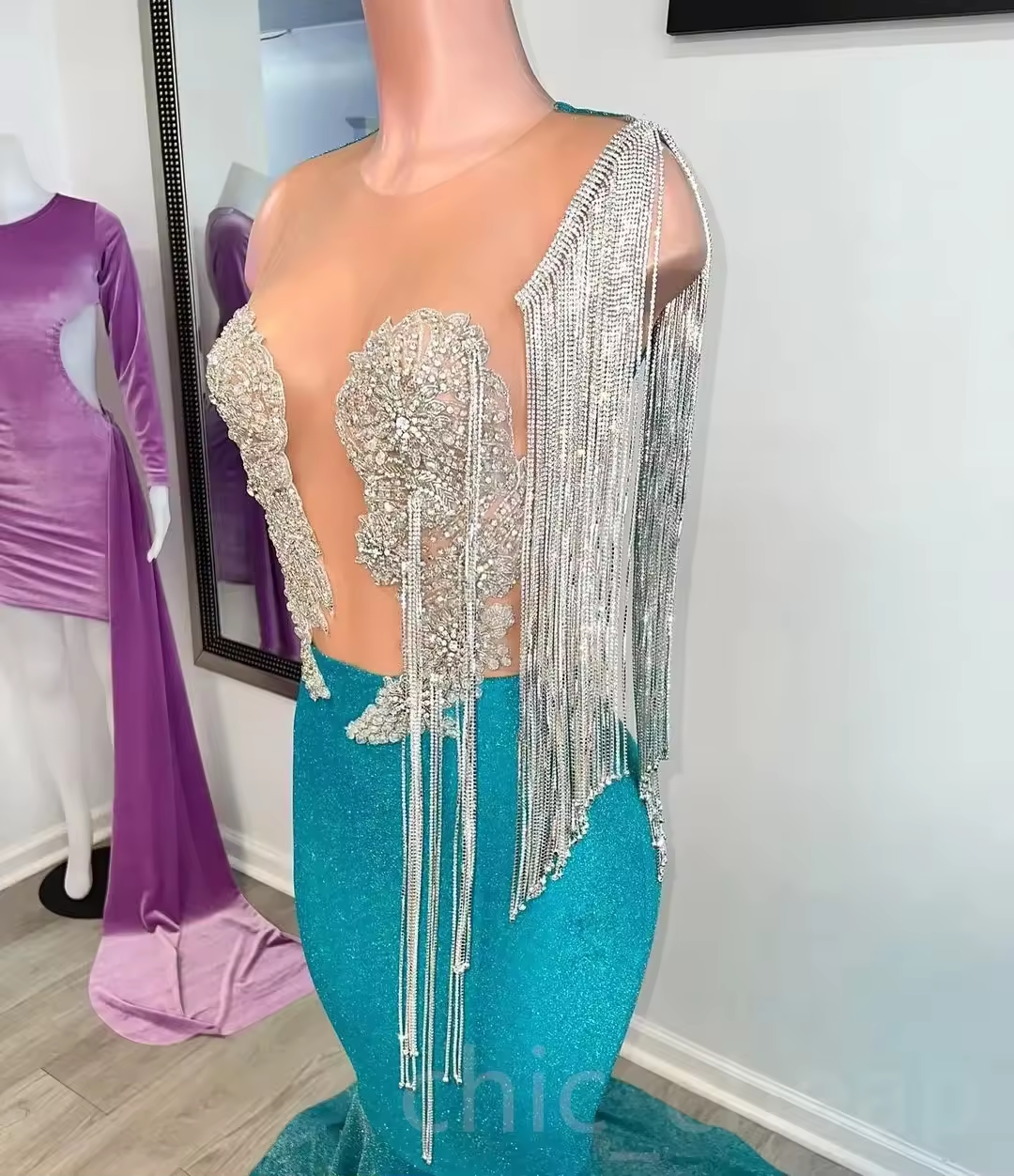 Teal African American Prom Dresses Mermaid Sheer Sequins Beaded Sparke Black Girls Robe De Soiree Evening Dress Gown Customized