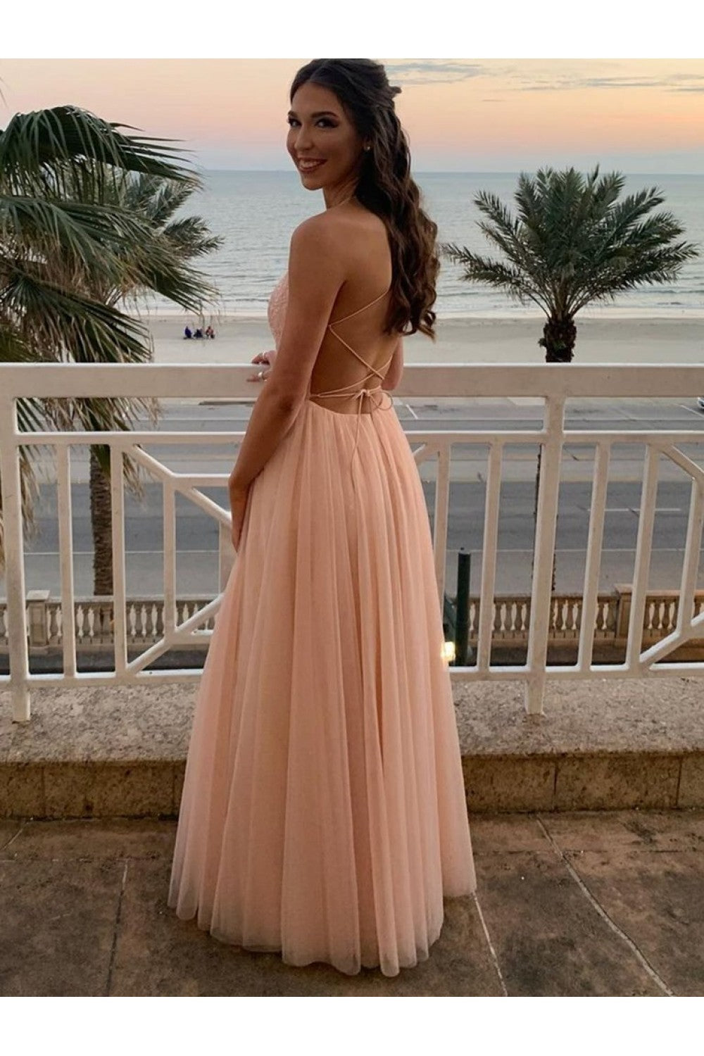 spaghetti Straps Pink Tulle Long Prom Dress