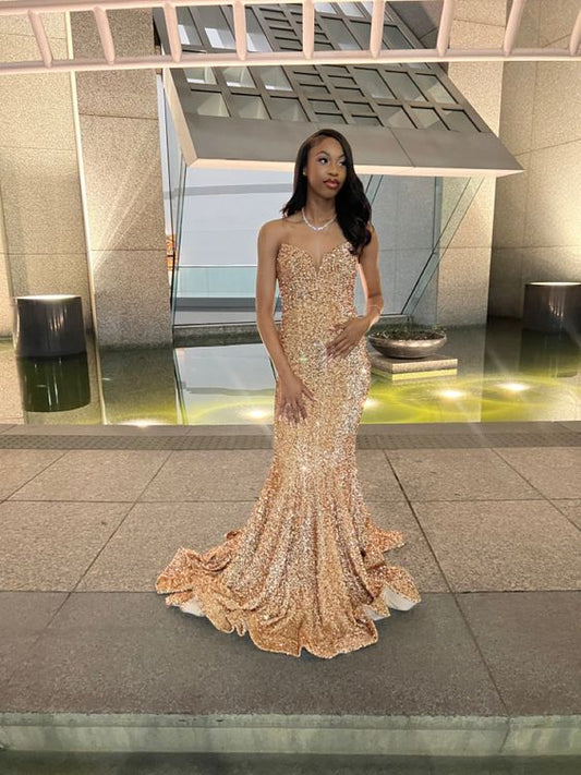 Gorgeous Gold Sequins Mermaid Prom Dresses