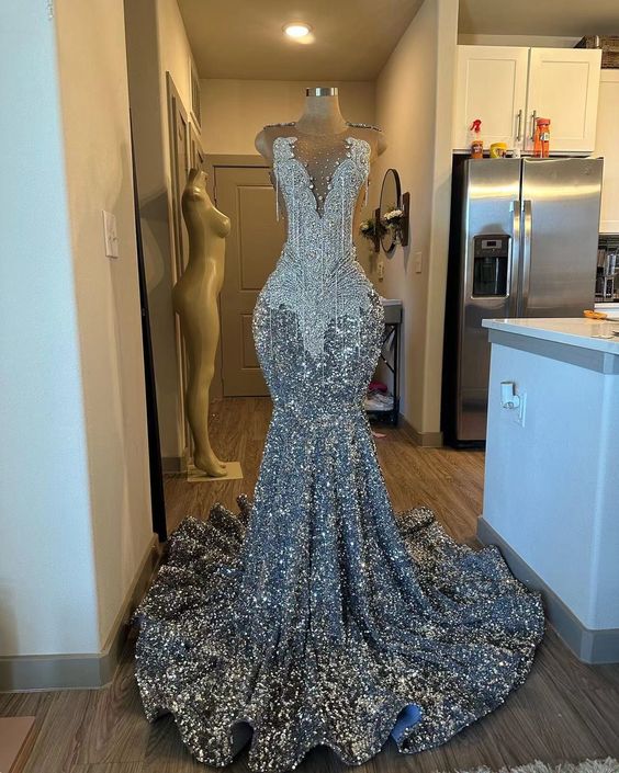 Sparkly Crystal Mermaid Prom Dresses Beaded Sequins Tight Formal Evening Dresses 2024 Tassel Party Dresses For Women 2025