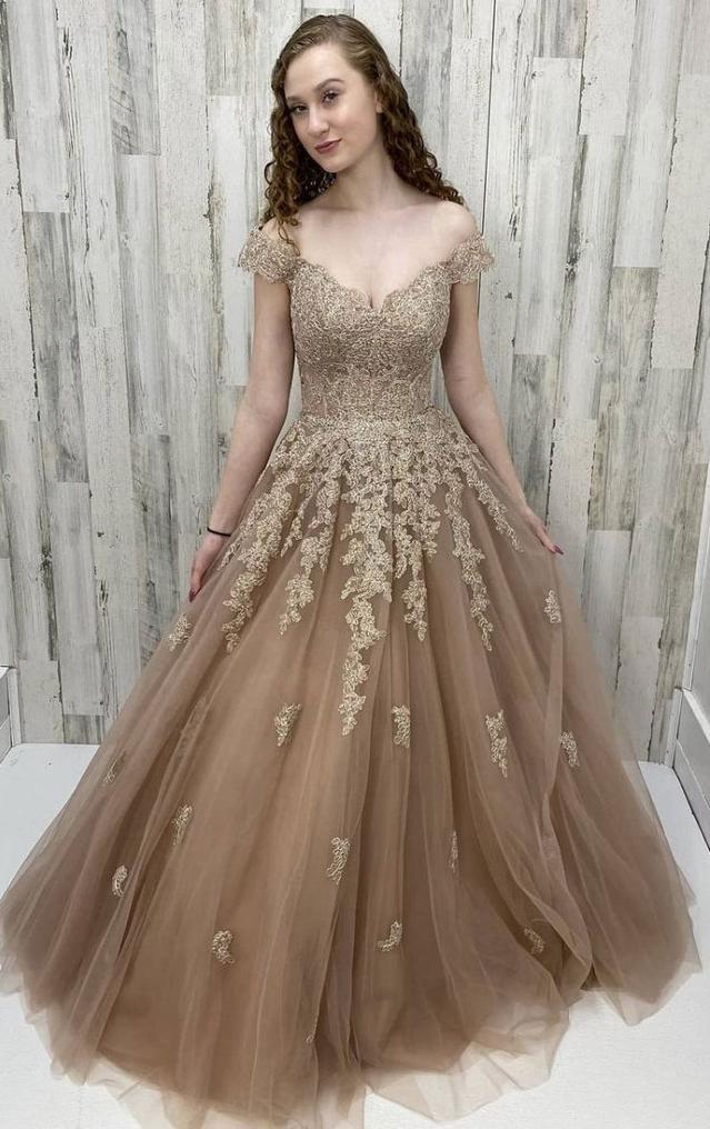 Off Shoulder Tulle Long Prom Dresses with Appliques,Winter Formal Dresses