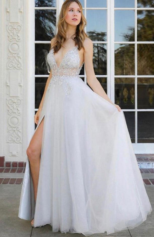 V-neck Beaded Tulle Long Prom Dresses with Slit,Winter Formal Dresses