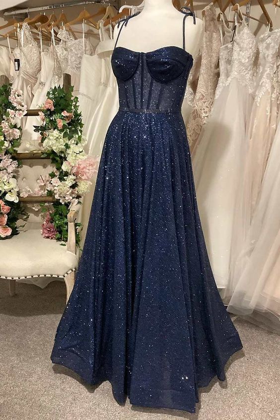 Princess Navy Sequin Tie-Strap A-Line Prom Dress