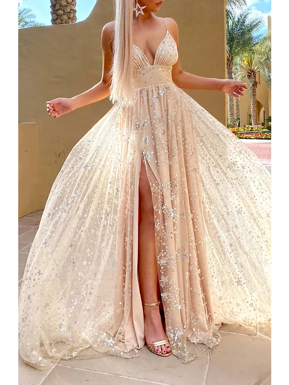 A-Line Glittering Sexy Engagement Prom Dress V Neck Sleeveless Sweep / Brush Train Satin with Pleats Sequin Split