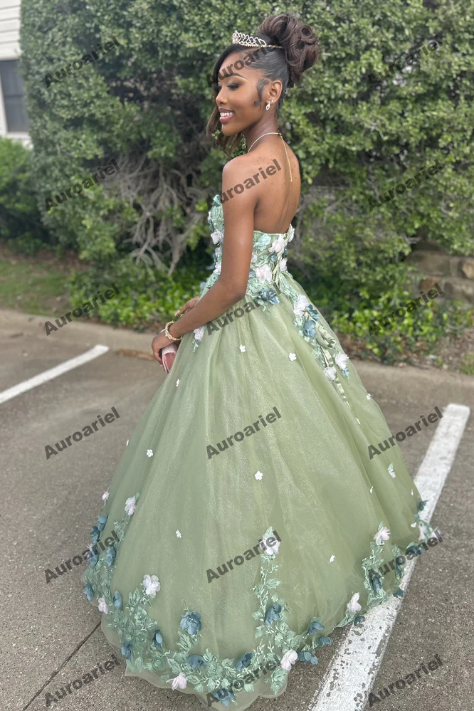 Strapless Green Quinceanera Dresses 3D Flower Applique Sweet 16 Dress Ball Gown