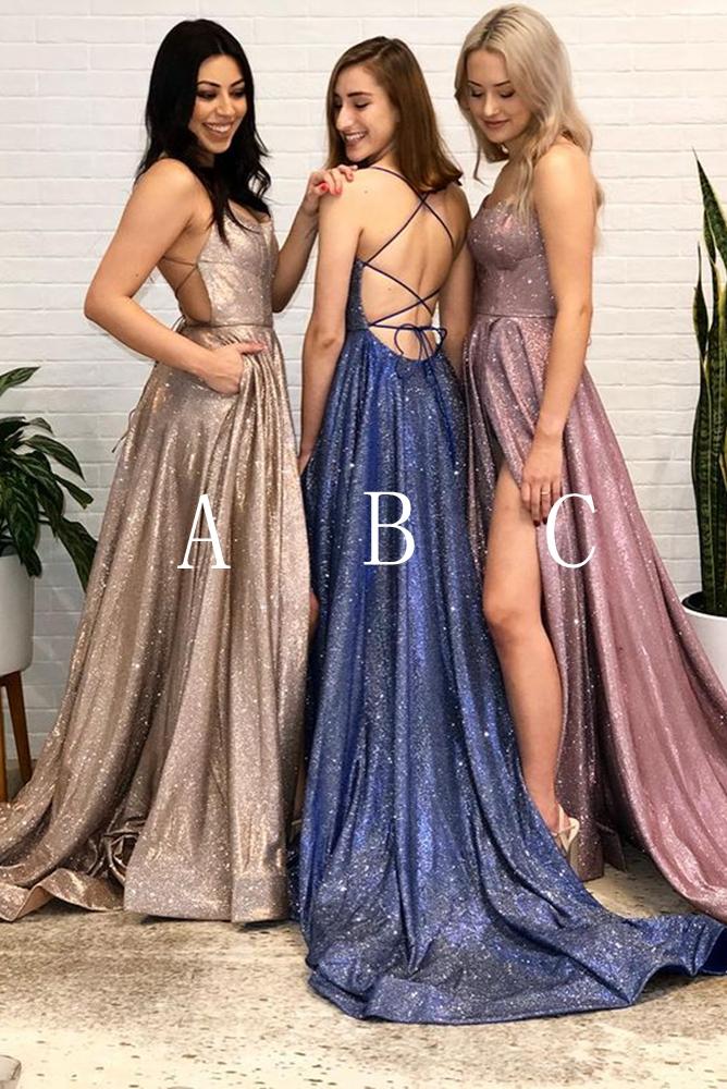 Sparkly Long Prom Dresses with Slit,Formal Dress,Wedding Party Dresses