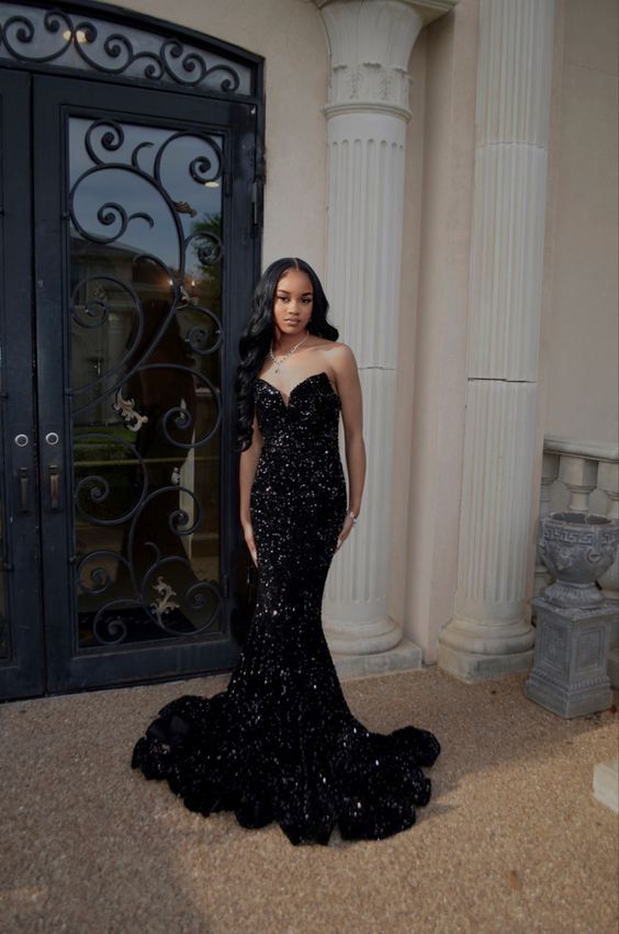 Simple Mermaid Black Sequin Prom Dresses 22th Birthday Outfit