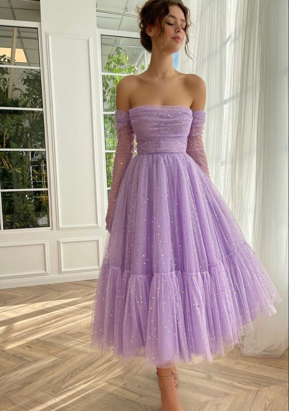 Lilac Midi Dress Formal Graduation Party Dress