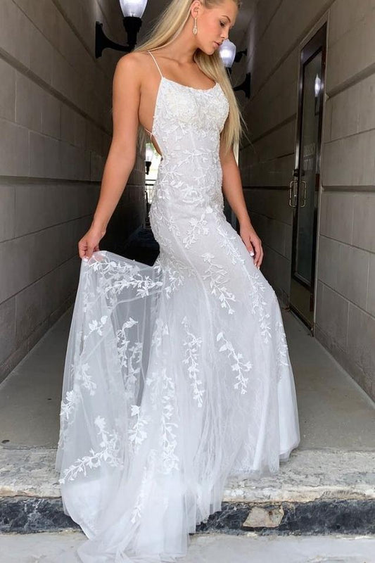 White Tulle/Lace Long Prom Dresses with Appliques and Beading,Winter Formal Dresses