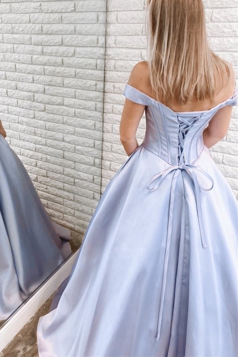 Lavender Off the Shoulder Satin Long Ball Gown