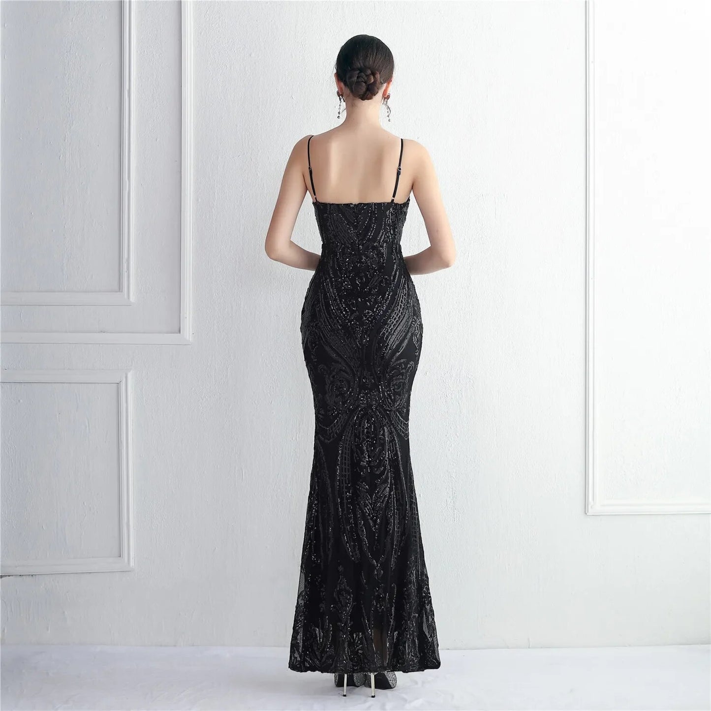 Black Sequins Straps Prom Evening Party Dresses Mermaid Floor Length Women Formal Dress Elegant for Wedding Guests Party