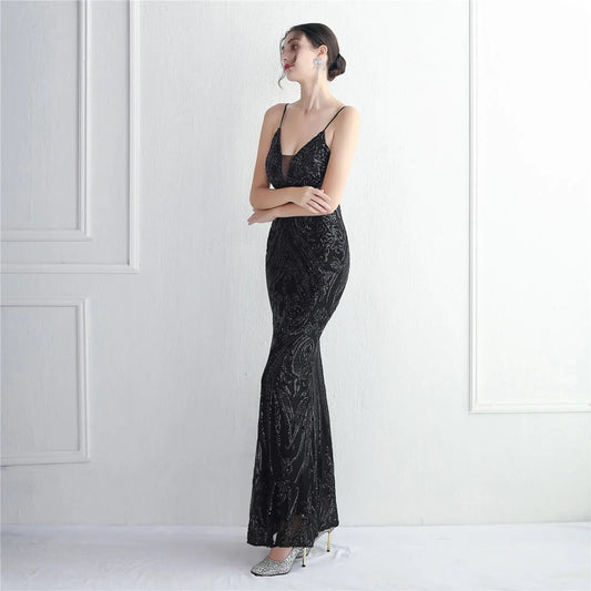 Black Sequins Straps Prom Evening Party Dresses Mermaid Floor Length Women Formal Dress Elegant for Wedding Guests Party