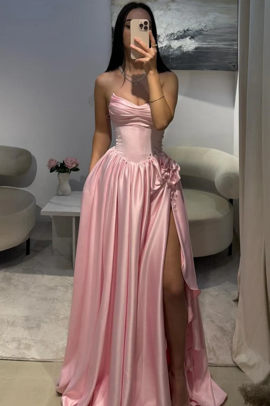 Cute A-Line Boat Neck Sleeveless Pleated Beaded High Side Slit and Train Floor Length Prom Party Dress Evening Formal Gown Birthday Party Dress