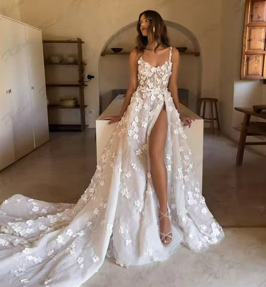 Lace Applique Wedding Dresses A-line Sexy Mermaid Off The Shoulder Sleeveless Simple Mopping Bridal Gowns Customized