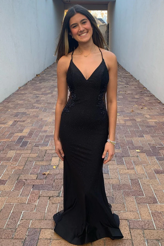 Mermaid V Neck Spaghetti Straps Sleeveless Appliques Sequins Prom Party Dress