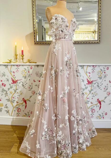 Sweetheart Flowers Long Prom Dress off the shoudler gown