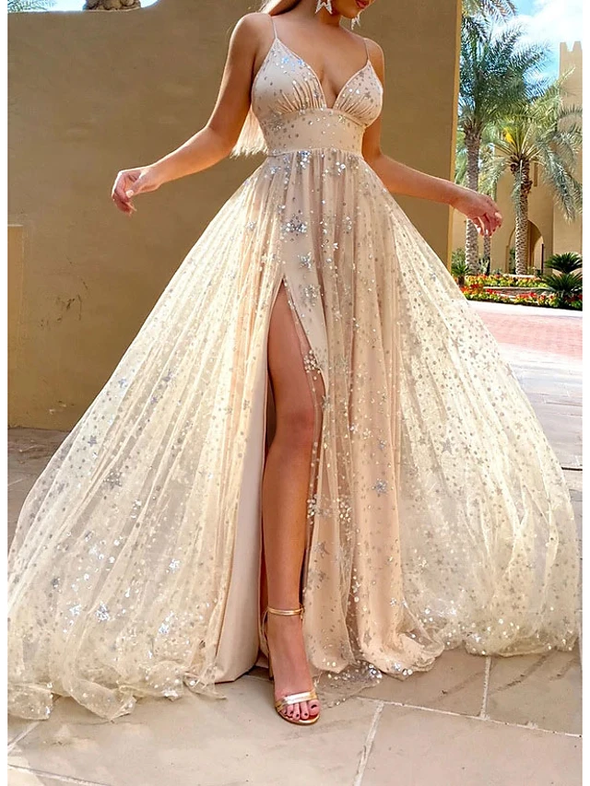 A-Line Glittering Sexy Engagement Prom Dress V Neck Sleeveless Sweep / Brush Train Satin with Pleats Sequin Split