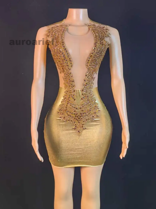 Gold Sparkly Rhinestone Sexy Short Dress