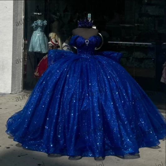 Royal Blue Ball Gown Quinceanera Dresses Beading Glitter Tulle Prom Party Dress