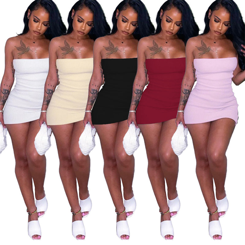 Elegant Strapless Tube Backless Knitted Elastic Slim Party Club Short Vestidos Women Off Shoulder Bodycon Mini Dress